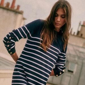 NWT Sezane Paola Navy and White Striped Dress with Button Accents